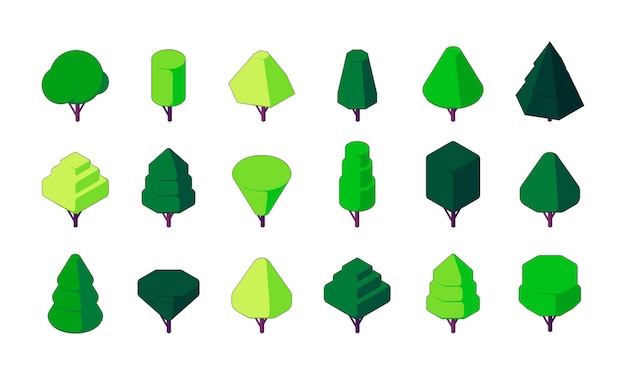 Isometric trees green plants of polygonal shapes botanical deciduous forest and park landscaping decorative floral elements vector isolated set