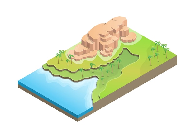 Vector isometric tropical beach with rocky mountain