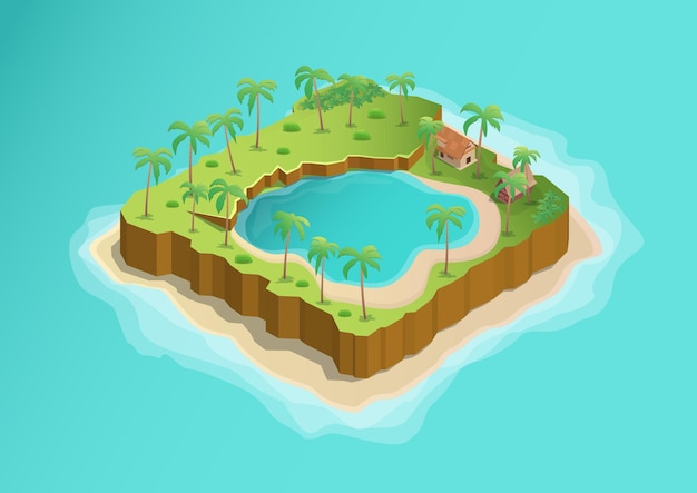 Vector isometric tropical island with beautiful lake