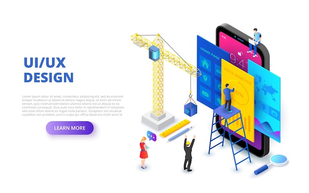 Vettore concetto di design dell'interfaccia utente isometrica con gru per smartphone e persone