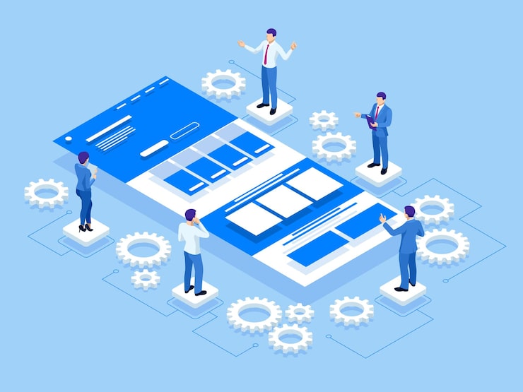 Vector isometric ui or ux design concept application development web developing programming and coding technologies architecture site