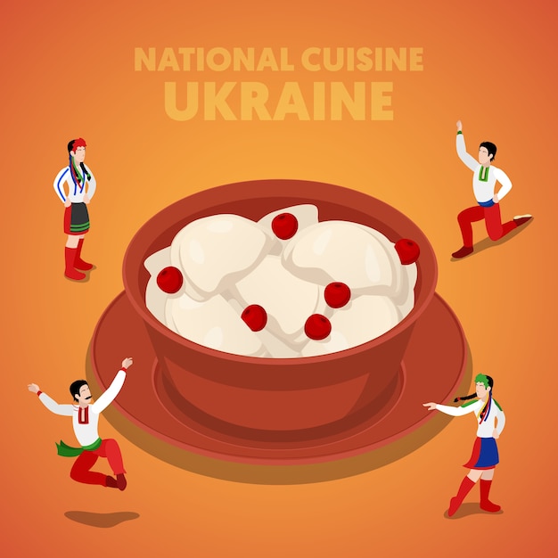 Изометрические украинская национальная кухня с варениками и украинцами в традиционной одежде. векторная иллюстрация 3d плоский
