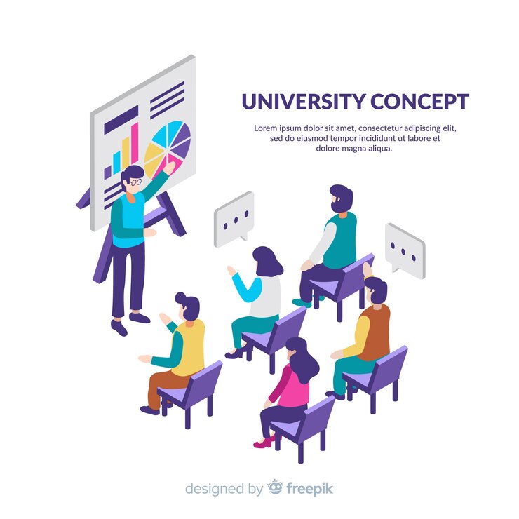 Vector isometric university background with students