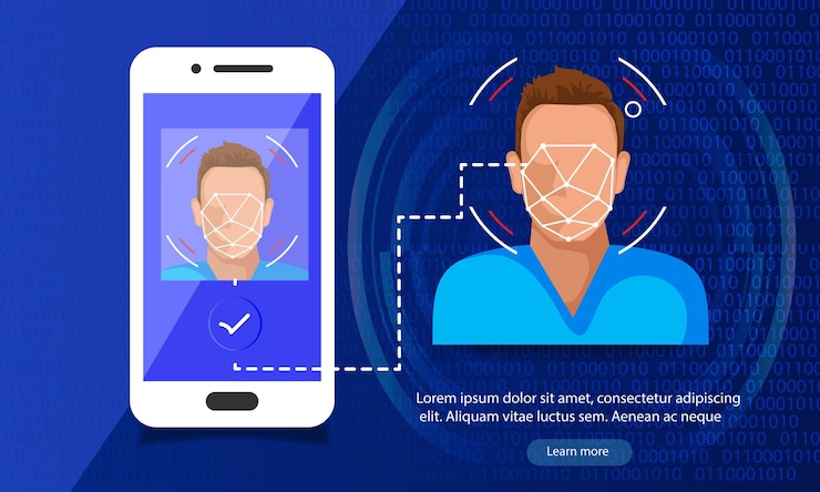 Vector isometric unlocking smartphone, facial recognition system concept, with biometric facial