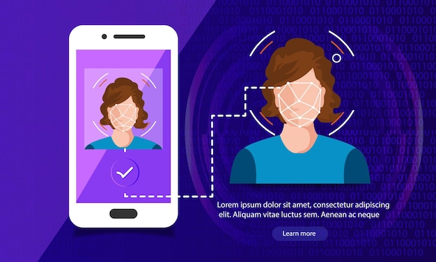 Vector isometric unlocking smartphone, facial recognition system concept, with biometric facial