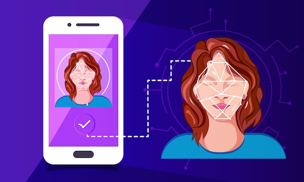 Vector isometric unlocking smartphone, facial recognition system concept, with biometric facial