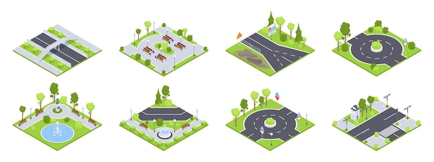 Set di parchi cittadini isometrici urbani strade stradali ambiente del parco cittadino segnaletica stradale e alberi raccolta di illustrazioni vettoriali 3d