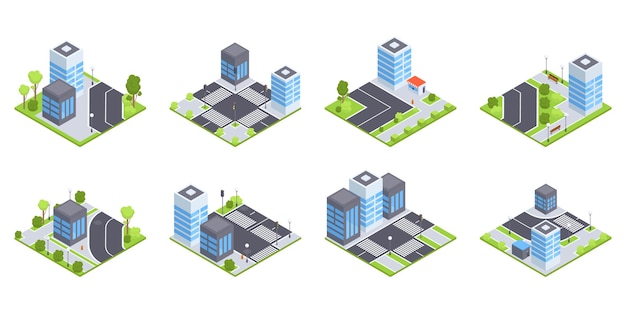 Isometric urban city set Street road crossroads skyscrapers road signs and trees 3D vector illustration collection