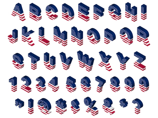 Vector isometric usa flag letters and symbols