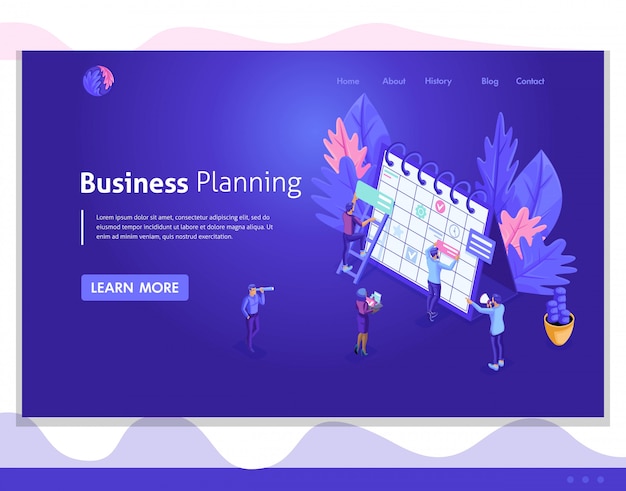 Isometric  User interface, Web design, landing page. The concept of the work of isometric people, drawing up a business plan, planning