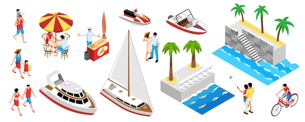 Изометрическая прогулка на морском корабле для отдыха набор изолированных значков лодок человеческие персонажи прогулка по набережной и векторная иллюстрация пальм
