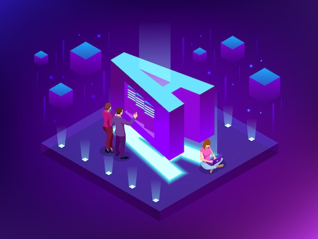 Isometric vector abstract big data visualization. futuristic a letter design. visual information complexity. social network or business analytics representation.