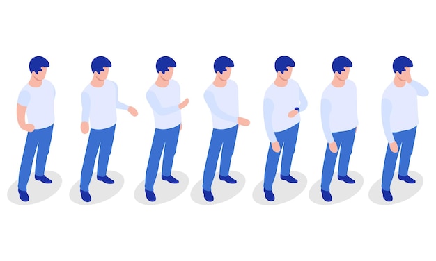 다른 일을 하는 아이소메트릭 벡터 캐릭터 다른 포즈의 남성