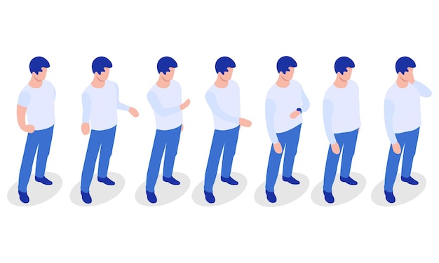 Isometric vector character doing different things Male in different poses