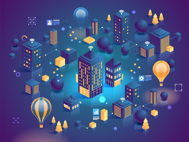 Isometric vector concept of smart city or intelligent building. building automation with computer networking illustration. iot platform as future technology. management system thematic background.