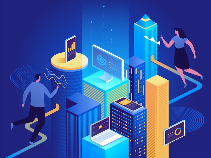 Vector isometric vector concept of smart city or intelligent building. building automation with computer networking illustration. iot platform as future technology. management system thematic background.