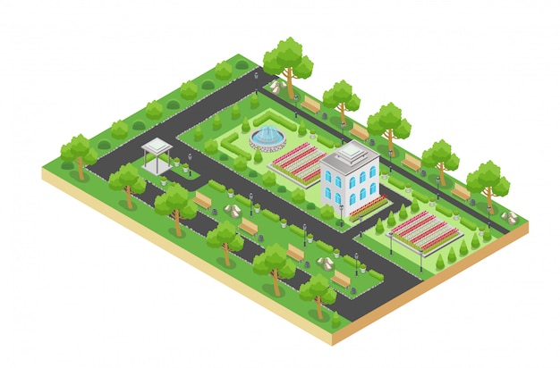 Изометрические вектор дизайн зеленого городского парка с зоной отдыха и деревьями на белом фоне.