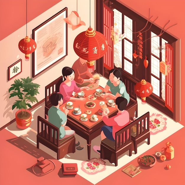 Vector isometric vector of family having dinner on table for chinese new year dinner