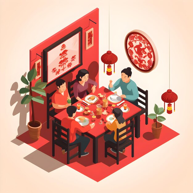 Vector isometric vector of family having dinner on table for chinese new year dinner