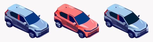 Isometric vector icons of a modern midsize crossover car available in red and blue colors The car is suitable for business family and SUV purposes and is designed in a modern style