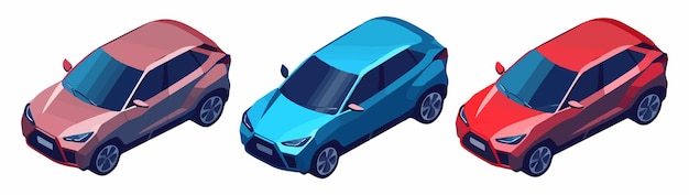 Isometric vector icons of a modern midsize crossover car available in red and blue colors The car is suitable for business family and SUV purposes and is designed in a modern style