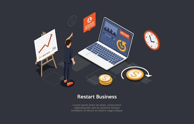 Illustrazione isometrica di vettore nello stile del fumetto 3d. composizione su sfondo scuro con infografica. riavviare il concetto di business. personaggio in piedi vicino a laptop, elementi dell'area di lavoro intorno, grafici, grafici