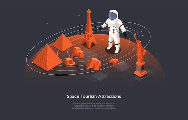 漫画の3dスタイルの等角投影ベクトル図。インフォグラフィックと暗い背景の構成。宇宙旅行のアトラクションのコンセプト。コズミックトラベリング。惑星の表面に立っているスーツの宇宙飛行士