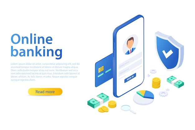 Isometric vector illustration of a mobile bank Digital financial services and online shopping