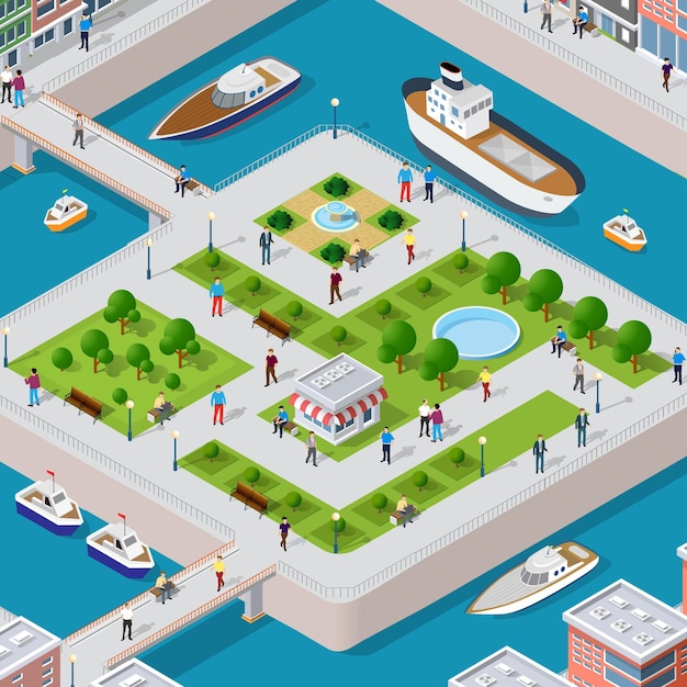 Vector isometric vector illustration of a modern city with people a marina and a river embankment