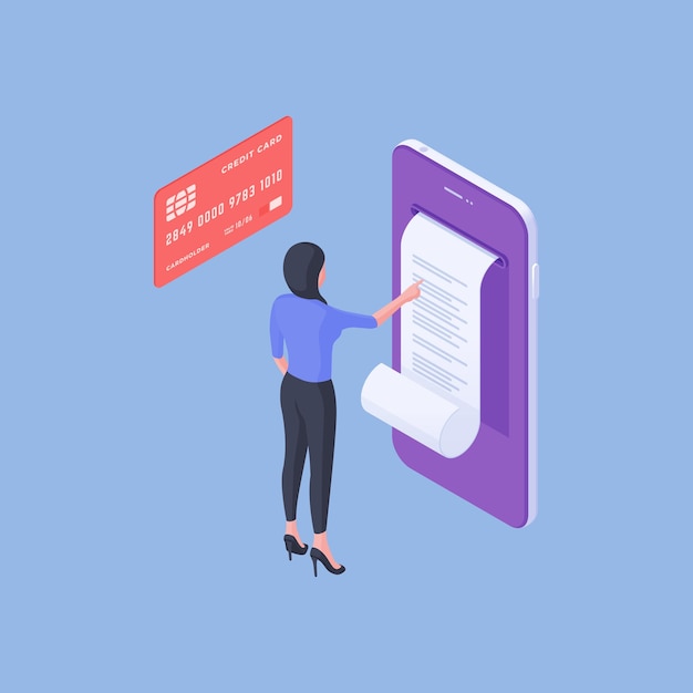 Isometric vector illustration of modern female client reading online bill on smartphone screen near credit card after making money transaction on blue background