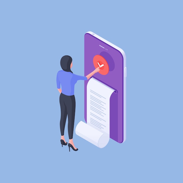 Isometric vector illustration of modern female pushing check button on contemporary smartphone after receiving digital invoice against bright blue background