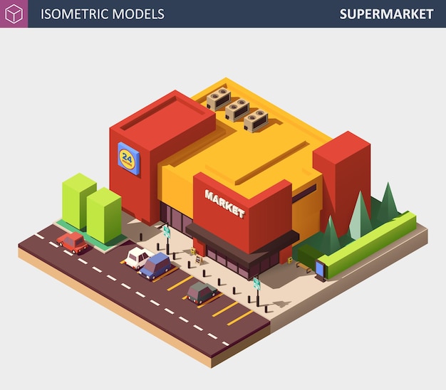 Vector isometric vector illustration of a supermarket grocery store. supermarket building exterior with parking and personal cars.