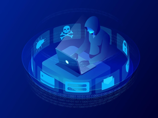 Isometric vector Internet hacker attack and personal data security concept. Computer security technology. E-mail spam viruses bank account hacking. Hacker working on a code. Internet crime concept.