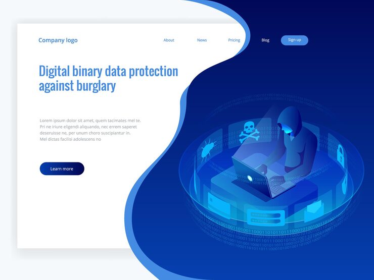 Vector isometric vector internet hacker attack and personal data security concept. computer security technology. email spam viruses bank account hacking. hacker working on a code. internet crime concept.