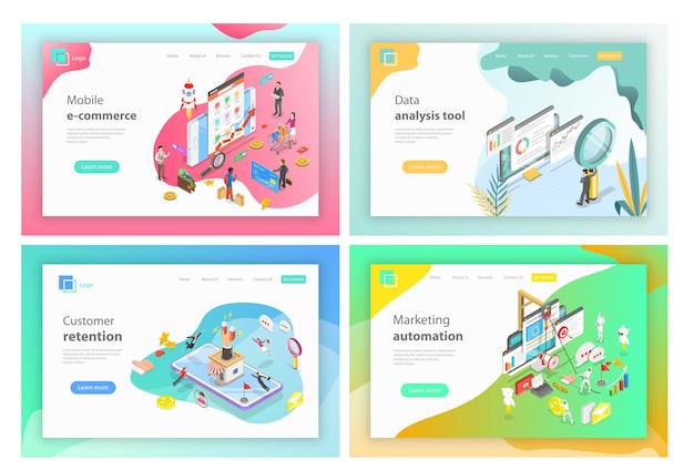 Isometric vector landing page headers for mobile ecommerce