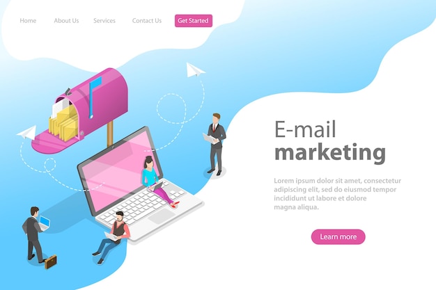 Isometric vector landing page template for e-mail marketing, product promoting, advertising campaign, digital promotion.