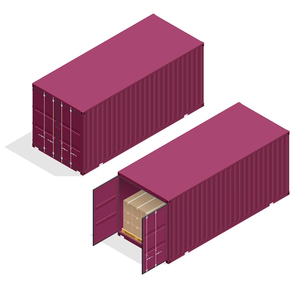 Isometric vector large metal containers for transportation. Open and closed doors with cardboard boxes. Delivery of cargo, shipping.