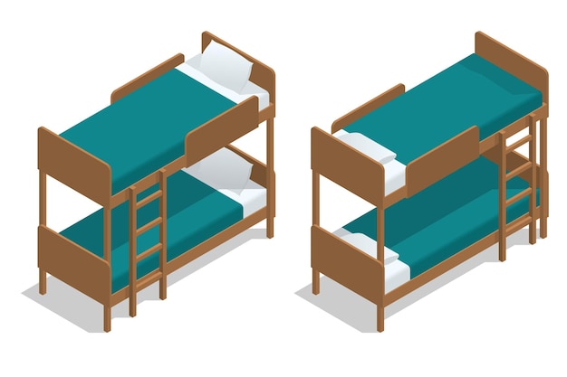 Vector isometric vector wooden two-storeyed bed separately on a white background. living-room in a hostel with two bunk beds. camp cabin.