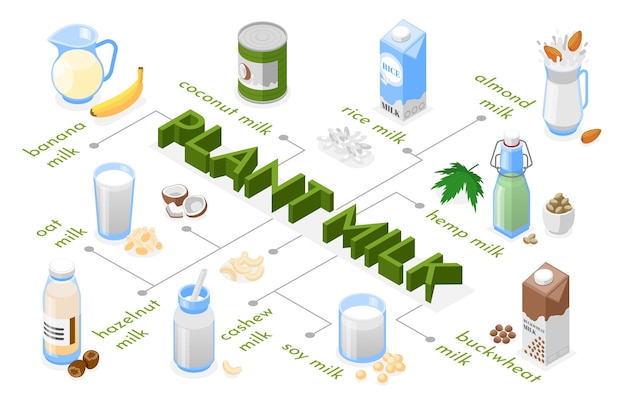 Изометрическая схема потока веганского молока с различными типами органического молока и информацией