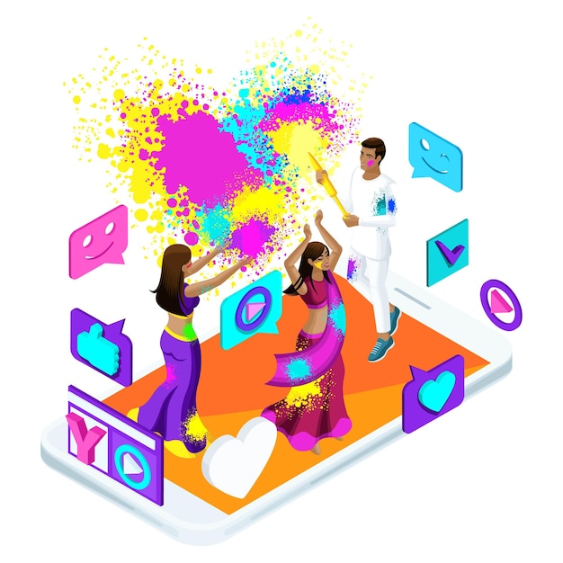 Isometric video Broadcast holiday Holi in India Video blog like girl throws a colored powder