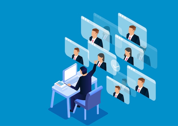 Isometric video conference online conference work online communication stock illustration