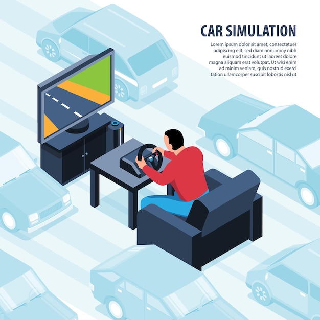 Isometric video game with and view of speedway with tv set and player