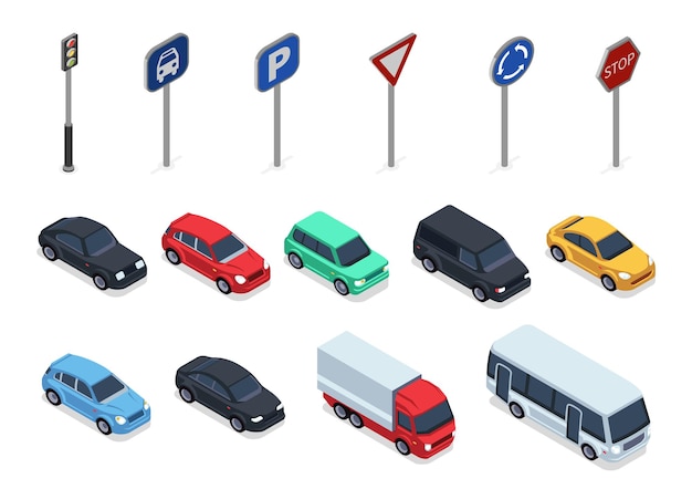 Isometric view of cars and Road signs, 3d vehicles isolated on white