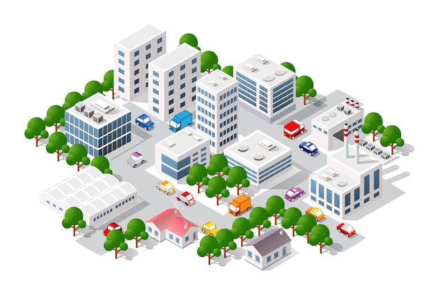 Isometric view of the city. Collection of houses 3D illustration 3d module block district part