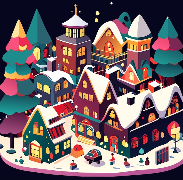Isometric View Fictional Cartoony Town on Christmas Night