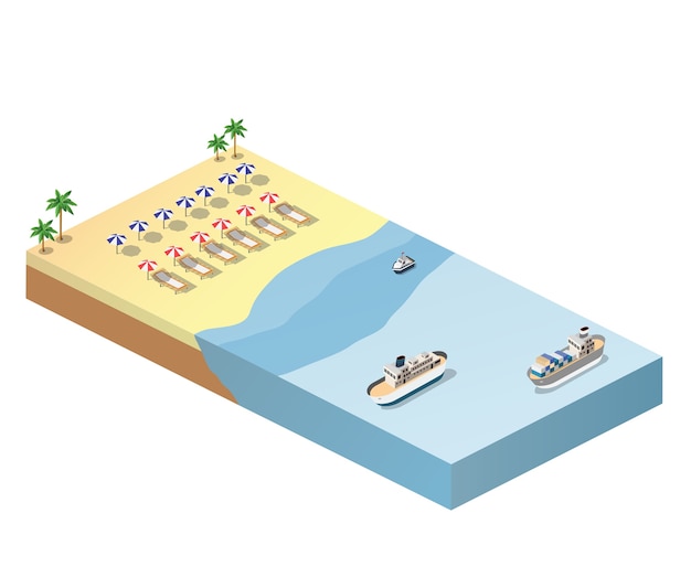 Vector isometric view of the sunny beach with umbrellas, deck chairs and blue sea with ships