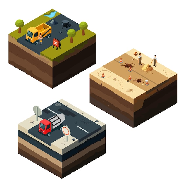 isometric view of urban road reconstruction illustration depicting road maintenance and repair proc
