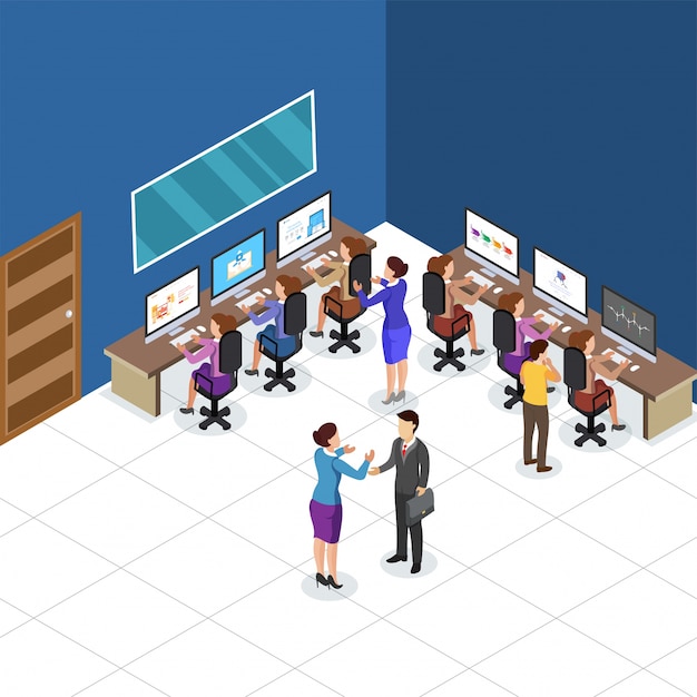 Isometric view of a work place, business people colabration at  work area. business concept.