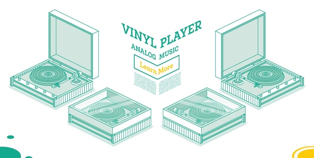 Vector isometric vinyl player with disk and cover object isolated on white background vinyl recorder 3d element in outline style