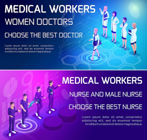 Isometric vivid concept of the use of types of medical workers doctors surgeons nurse